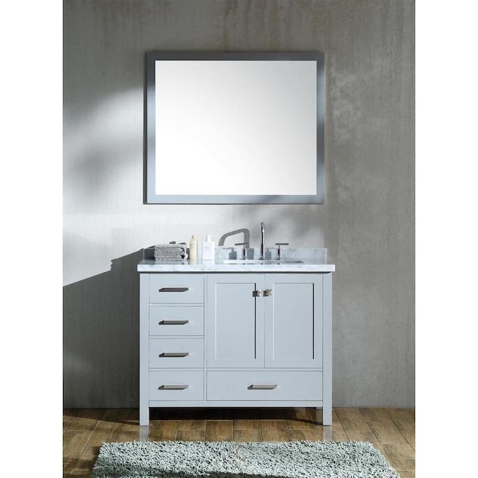 No Mirror ARIEL 43 Inch Midnight Blue Bathroom Vanity Cabinet with Carrara White Marble Counter-top 2 Soft Closing Doors and 5 Full Extension Dovetail Drawers Right Offset Oval Sink