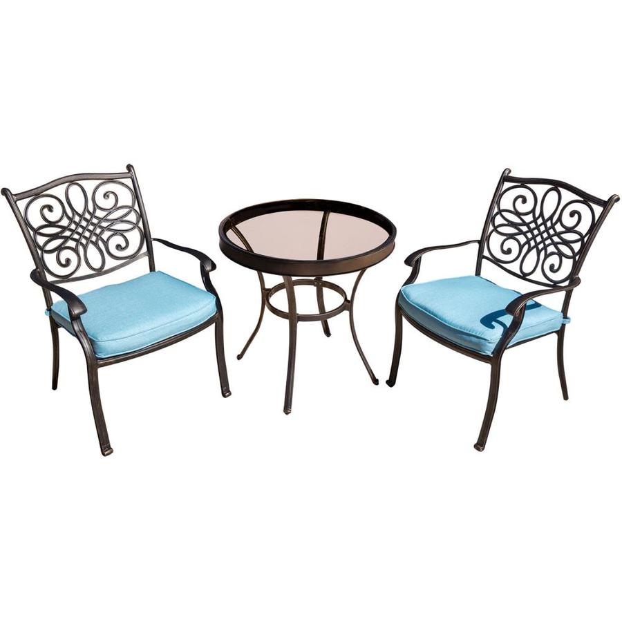 Hanover Traditions 3 Piece Bronze Frame Bistro Patio Set With Blue Cushions Bistro In The Patio Dining Sets Department At Lowes Com