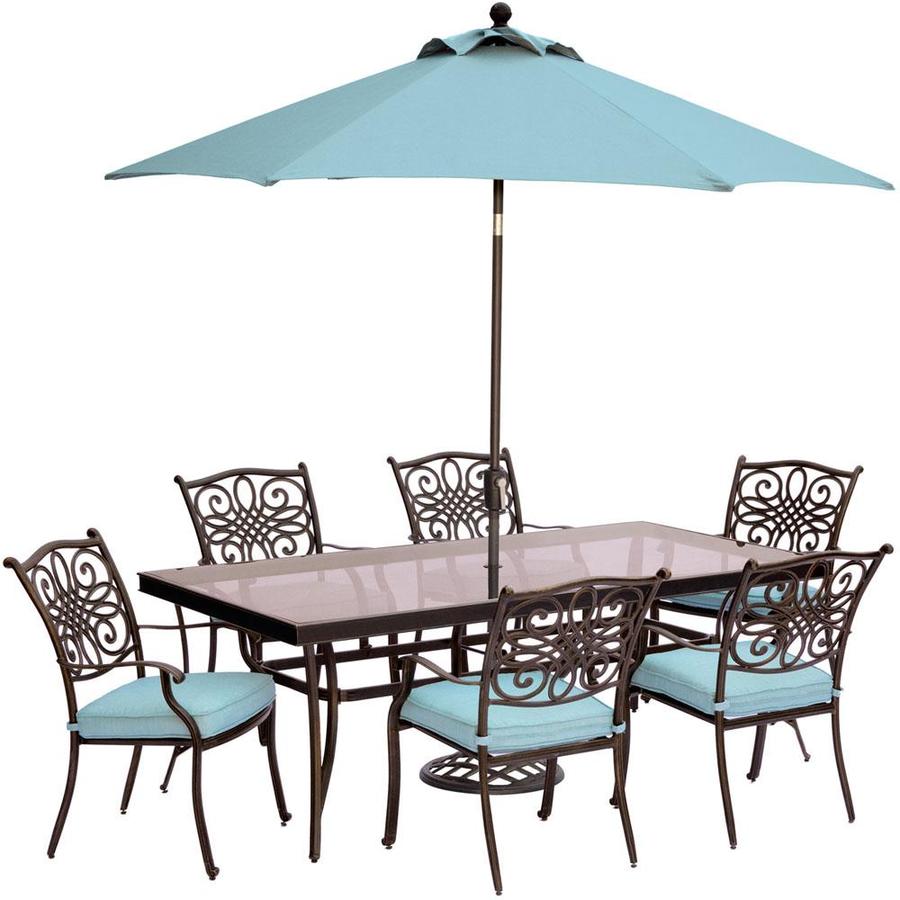 Hanover Traditions 9 Piece Bronze Frame Patio Set With Blue Cushions In The Patio Dining Sets Department At Lowes Com