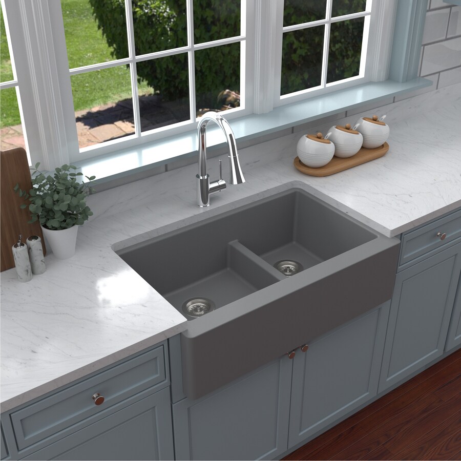 Karran Quartz Series 34in x 21.25in Grey Double Offset Bowl Tall (8