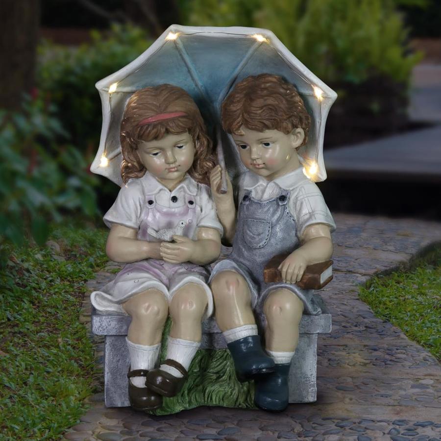 Exhart Solar Boy and Girl with Umbrella, 17 Inches Tall Multi Color in