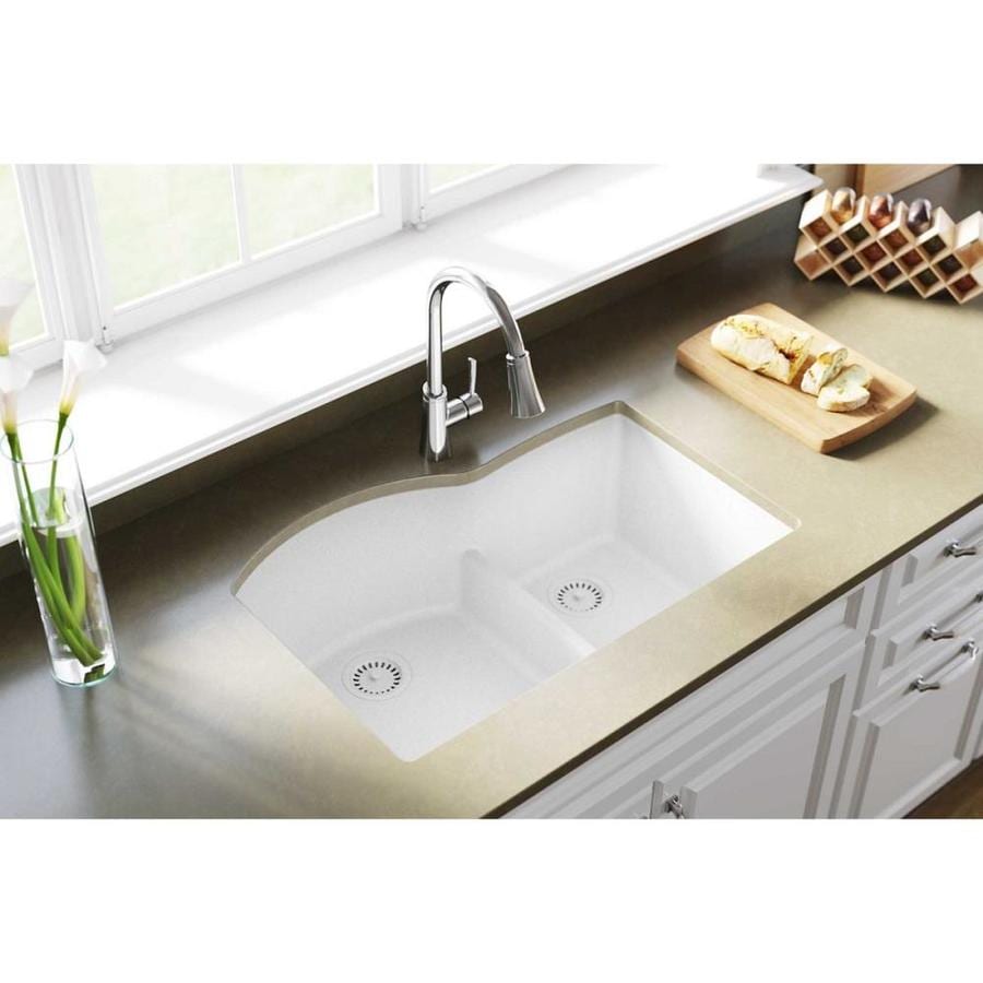 Elkay Quartz Classic Undermount 33-in x 22-in White Double Offset Bowl