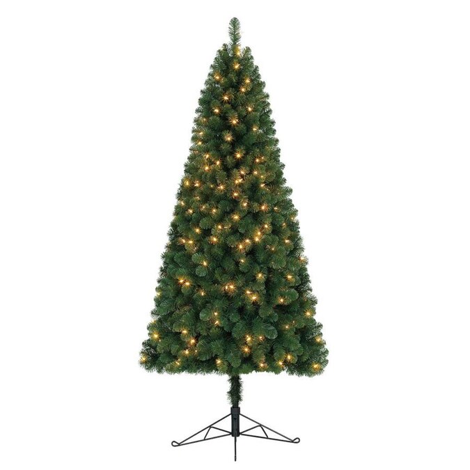 Home Heritage 7-ft Pre-Lit Pine Slim Artificial Christmas Tree with 150 Constant Warm White LED ...