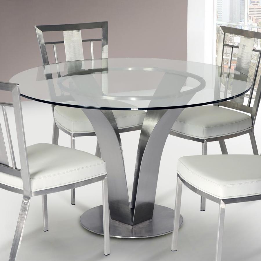 Armen Living Cleo Brushed Stainless Steel Round Dining Table, Glass Top