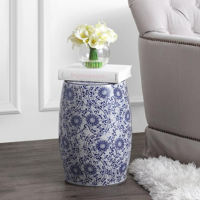 JONATHAN Y 17.5-in Blue/White Ceramic Barrel Garden Stool in the Garden