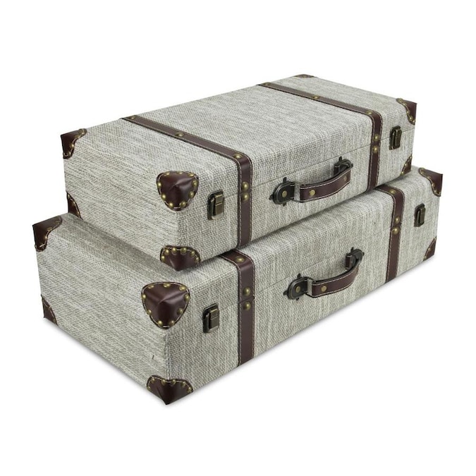 Cheung's Set of 2 White Linen Suitcases with Brown Vinyl