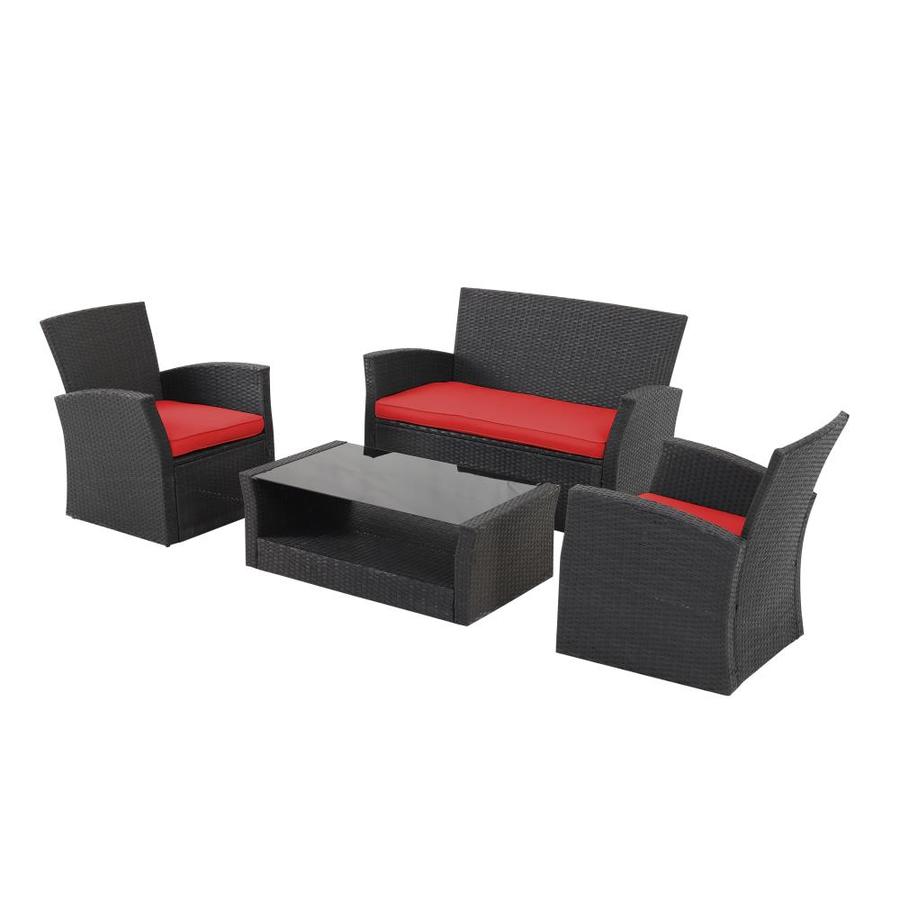 Casainc Out Door Patio Set 4 Piece Black Rattan Sofa Seating Group With Red Cushions In The Patio Conversation Sets Department At Lowes Com