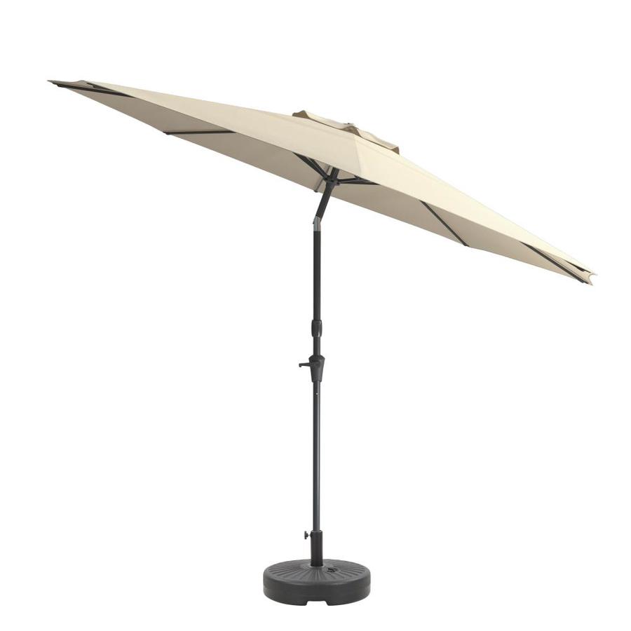 Corliving 10 Ft Round Warm White With Black Aluminum Frame Auto Tilt Market Patio Umbrella And Base In The Patio Umbrellas Department At Lowes Com