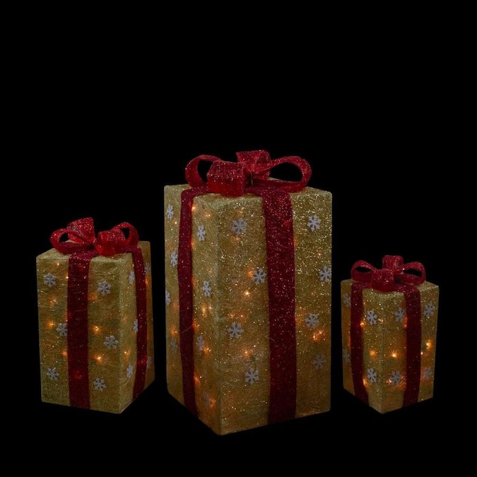 MZGB-ASST-35L National Tree Set of 3 Red Sisal Gift Boxes with Bow and 50 Clear Lights