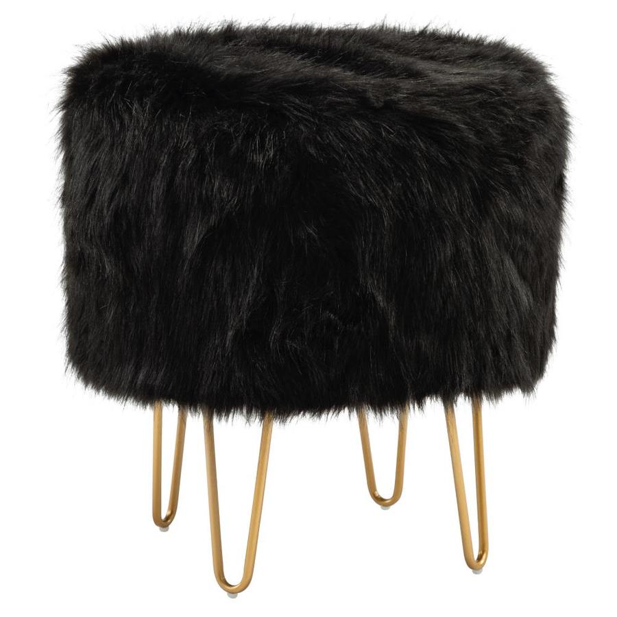 eLuxury Glam Black Faux Fur Round Ottoman in the Indoor Ottomans