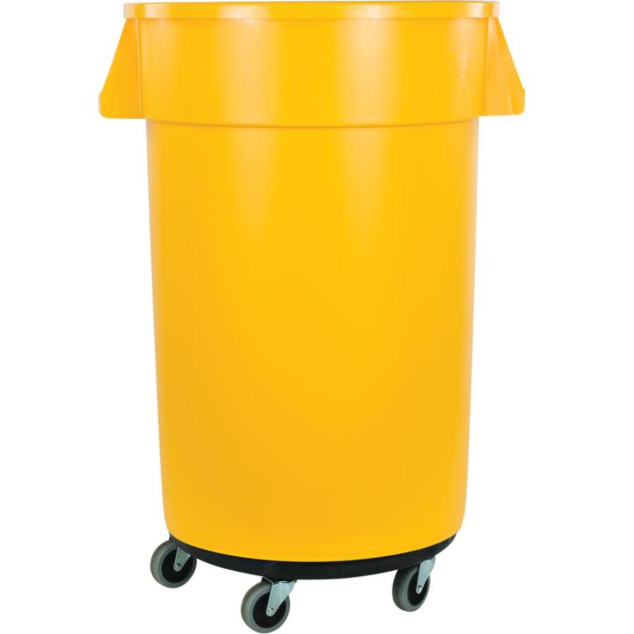 carlisle-bronco-32-gallon-yellow-plastic-wheeled-trash-can-in-the-trash