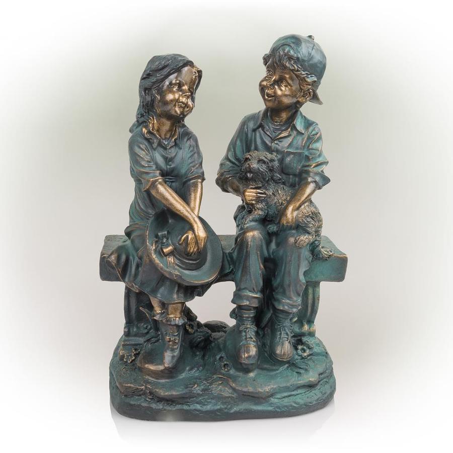 Alpine Corporation Girl and Boy Sitting on Bench with Puppy Statue in