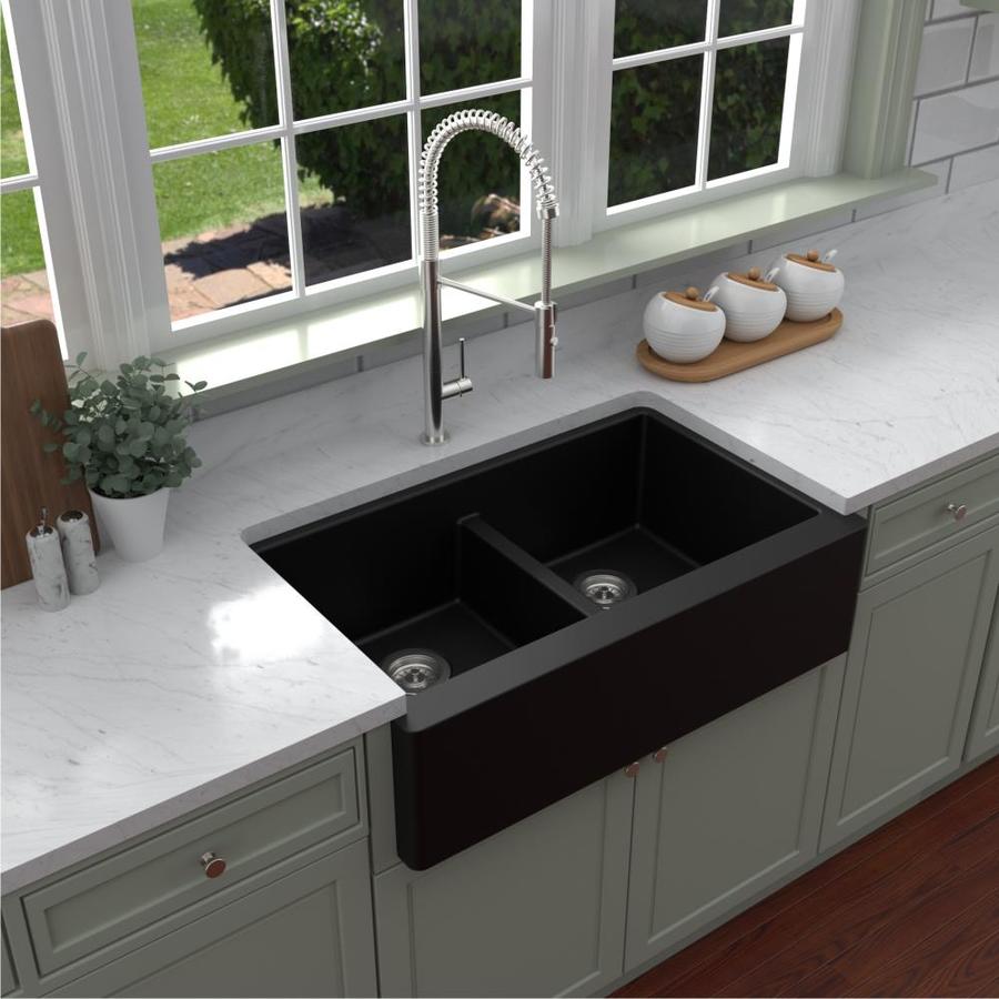 Karran Quartz Farmhouse Apron Front 34-in X 21.25-in Black Double Equal 