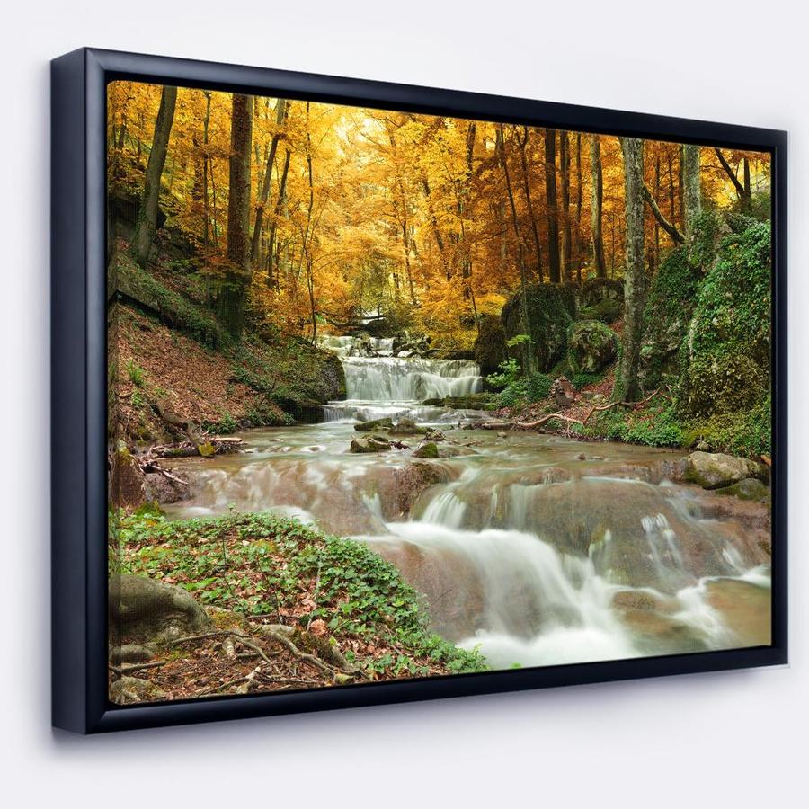 Designart Forest Waterfall with Yellow Trees- Large Landscape Framed