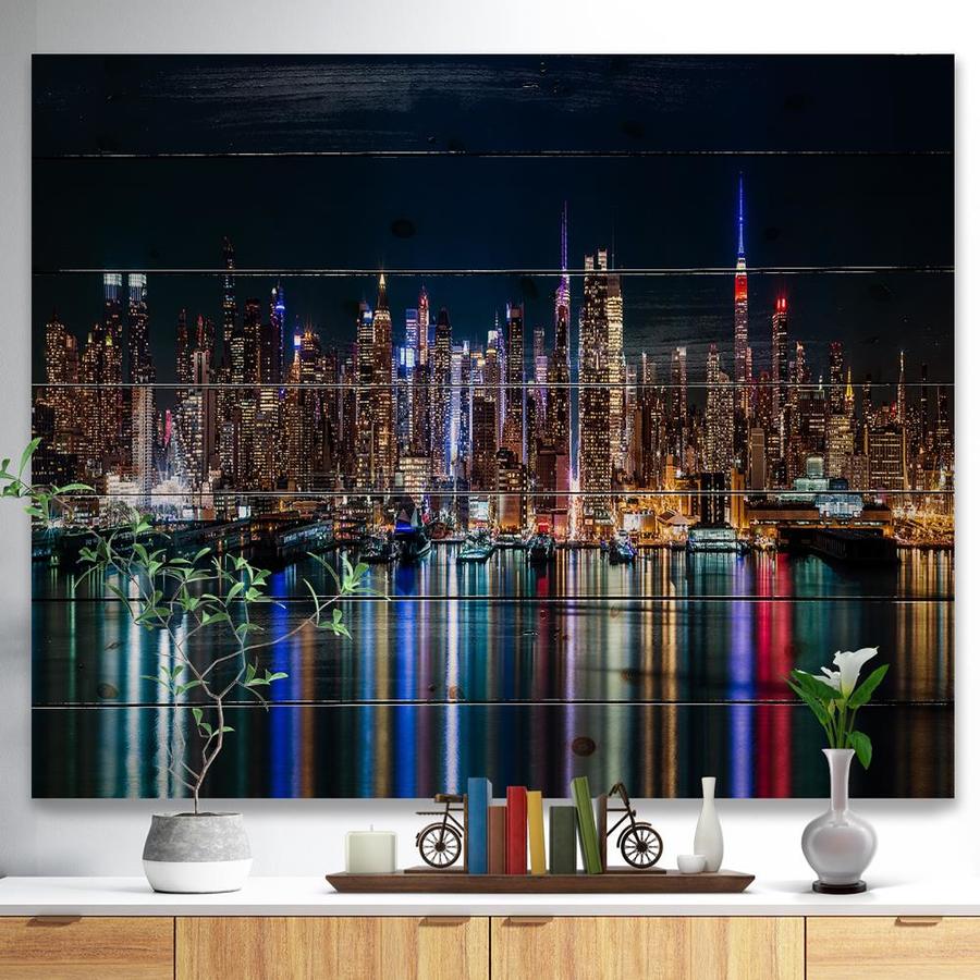 Designart Designart 'New York Midtown Night Panorama' Print on Natural