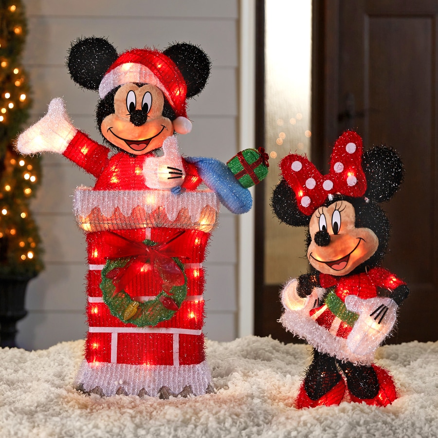 Disney 3D Holiday Lighted Tinsel Sculpture-Mickey Minnie Chimney Scene