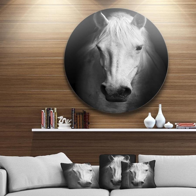 Designart White Horse Black and White' Ultra Glossy Animal