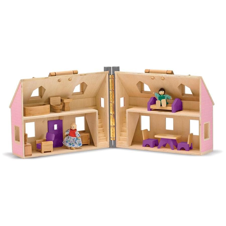 melissa & doug fold & go wooden dollhouse with 2 play figures and 11pc of furniture