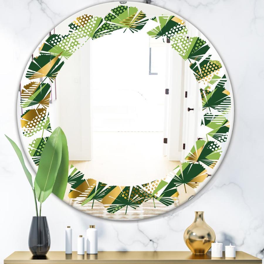 Designart Triangular Gold And Green Design I' Modern Round Wall Mirror 