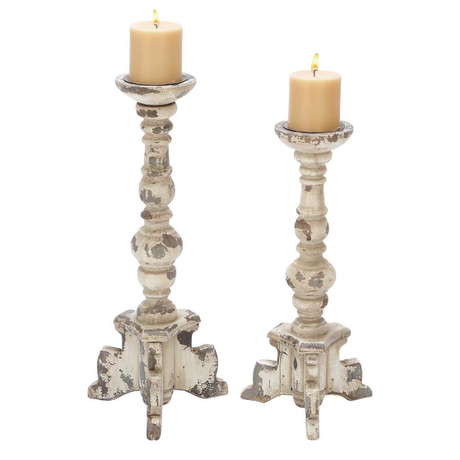 Grayson Lane Extra Tall Distressed White Wood Turned Column Candlesticks Set of 2 17in 20in