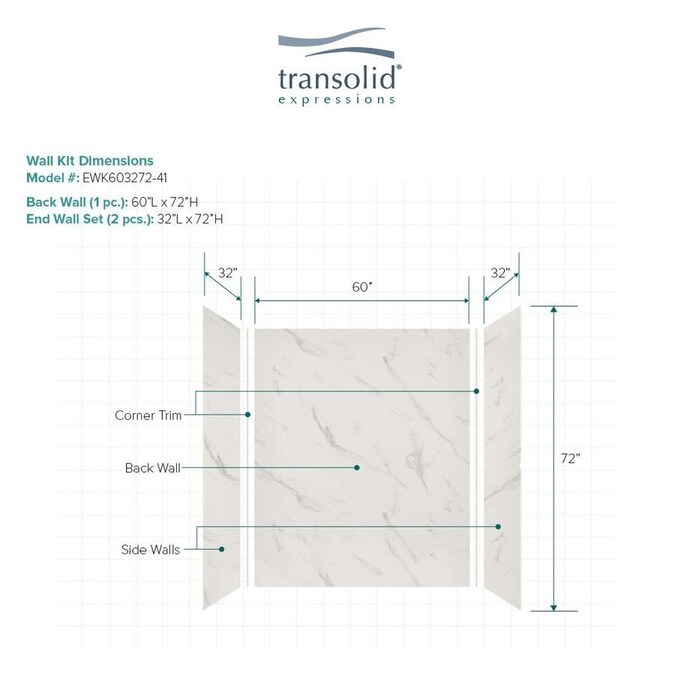 Bisque Transolid EWK603272-38 Expressions 3-Panel Shower Wall Kit 32-in L x 60-in W x 72-in H