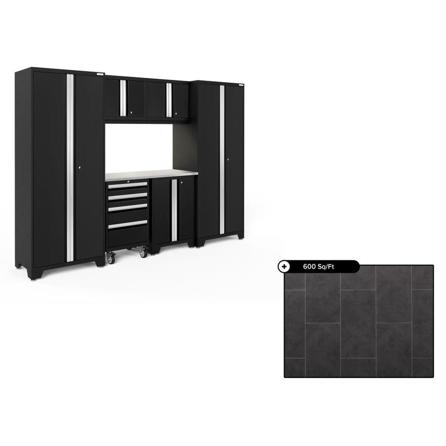 Newage Products Bold Series 108 In W X 76 75 In H Black Steel Garage Storage System 7 Piece With 600 Sqft Flooring Luxury Vinyl Tile Bundle In Slate In The Garage Storage Systems Department