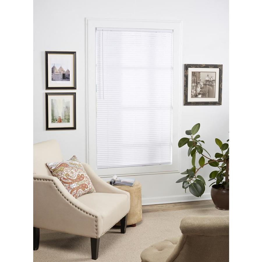 Project Source Light Filtering 1 In Slat Width 58 In X 64 In Cordless White Vinyl Light Filtering Mini Blinds In The Blinds Department At Lowes Com
