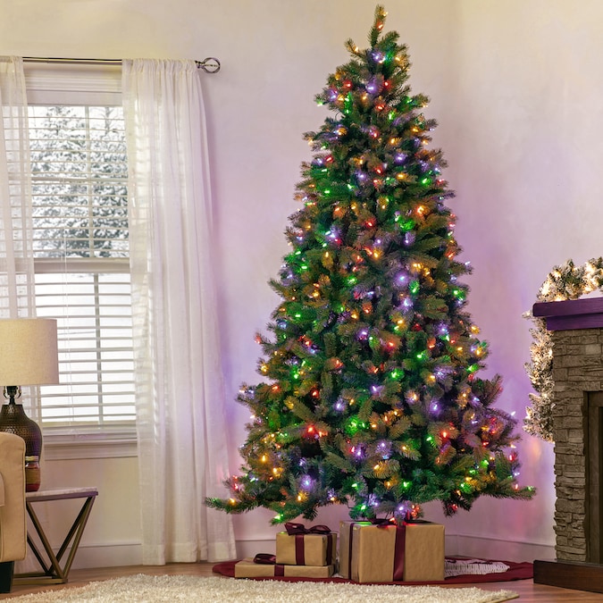 GE 7.5-ft Pre-Lit Traditional Artificial Christmas Tree with 500 Multi-Function Color Changing ...