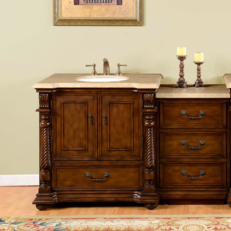 Silkroad Exclusive 57 In Brazilian Rosewood Undermount Single Sink Bathroom Vanity With Travertine Travertine Top In The Bathroom Vanities With Tops Department At Lowes Com