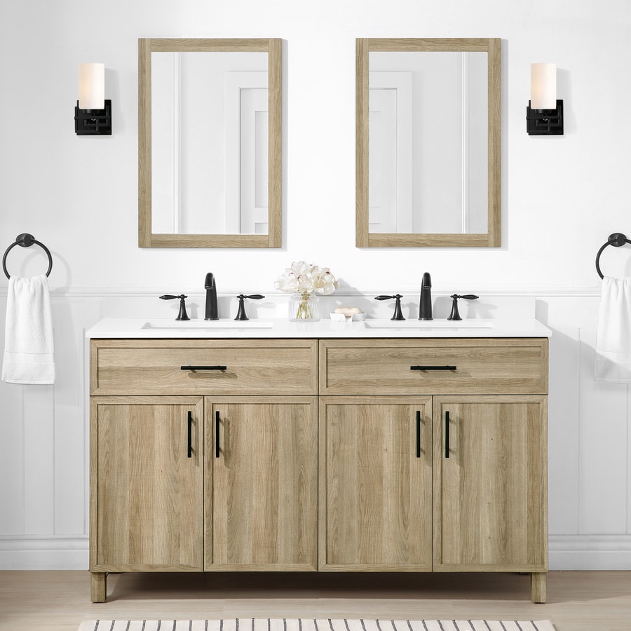 Style Selections Dolton 60 In Natural Oak Undermount Double Sink Bathroom Vanity With White Engineered Stone Top Mirror Included In The Bathroom Vanities With Tops Department At Lowes Com