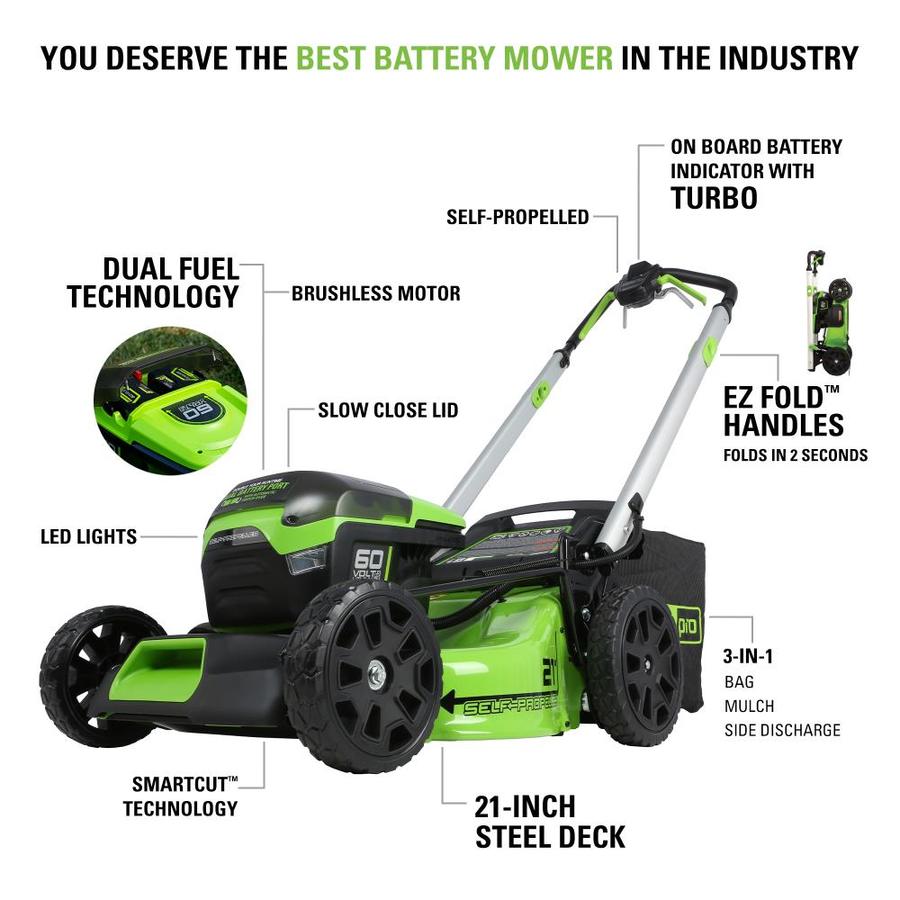 Greenworks Pro 60 Volt Max Brushless Lithium Ion Self Propelled 21 In Cordless Electric Lawn 5949