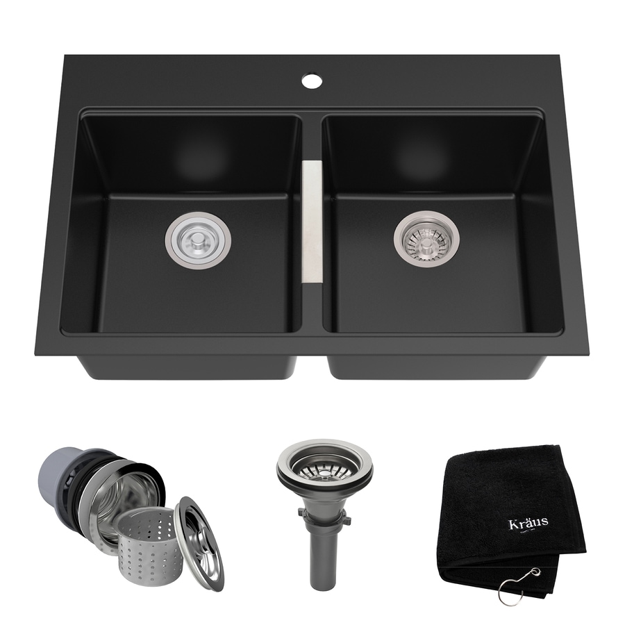 Kraus Granite 33 In X 22 In Black Onyx Double Equal Bowl Drop In Or Undermount 1 Hole Commercial Residential Kitchen Sink In The Kitchen Sinks Department At Lowescom