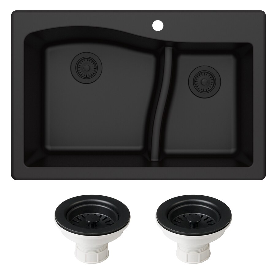 Kraus Quarza 33 In X 22 In Black Double Offset Bowl Drop In Or Undermount 1 Hole Commercial Residential Kitchen Sink In The Kitchen Sinks Department At Lowescom