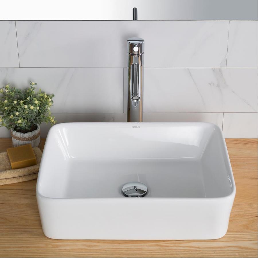 Kraus White Ceramic Vessel Rectangular Trough Bathroom Sink With Faucet