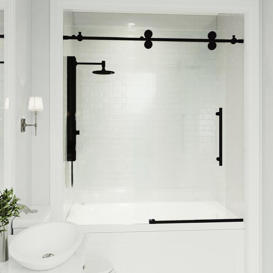 VIGO Elan 66-in H x 56-in to 60-in W Frameless Sliding Matte black Bathtub Door (Clear Glass) in 