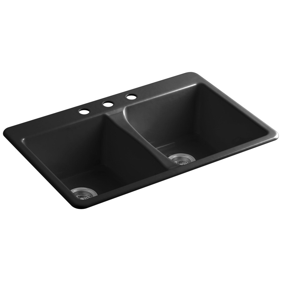 Kohler Deerfield 33 In X 22 In Black Black Double Equal Bowl Drop In 3 Hole Residential Kitchen Sink In The Kitchen Sinks Department At Lowescom