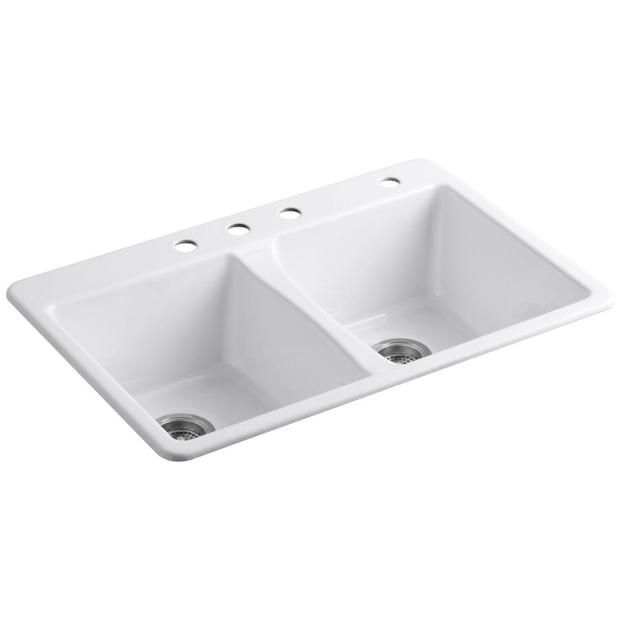 Kohler Deerfield 33 In X 22 In White Double Equal Bowl Drop In 4 Hole Residential Kitchen Sink In The Kitchen Sinks Department At Lowescom
