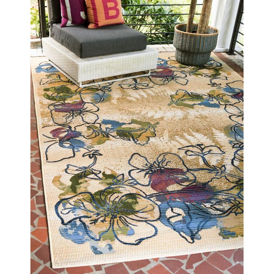 Unique Loom Pansy Outdoor 10 x 12 Ivory/Blue Indoor/Outdoor Floral