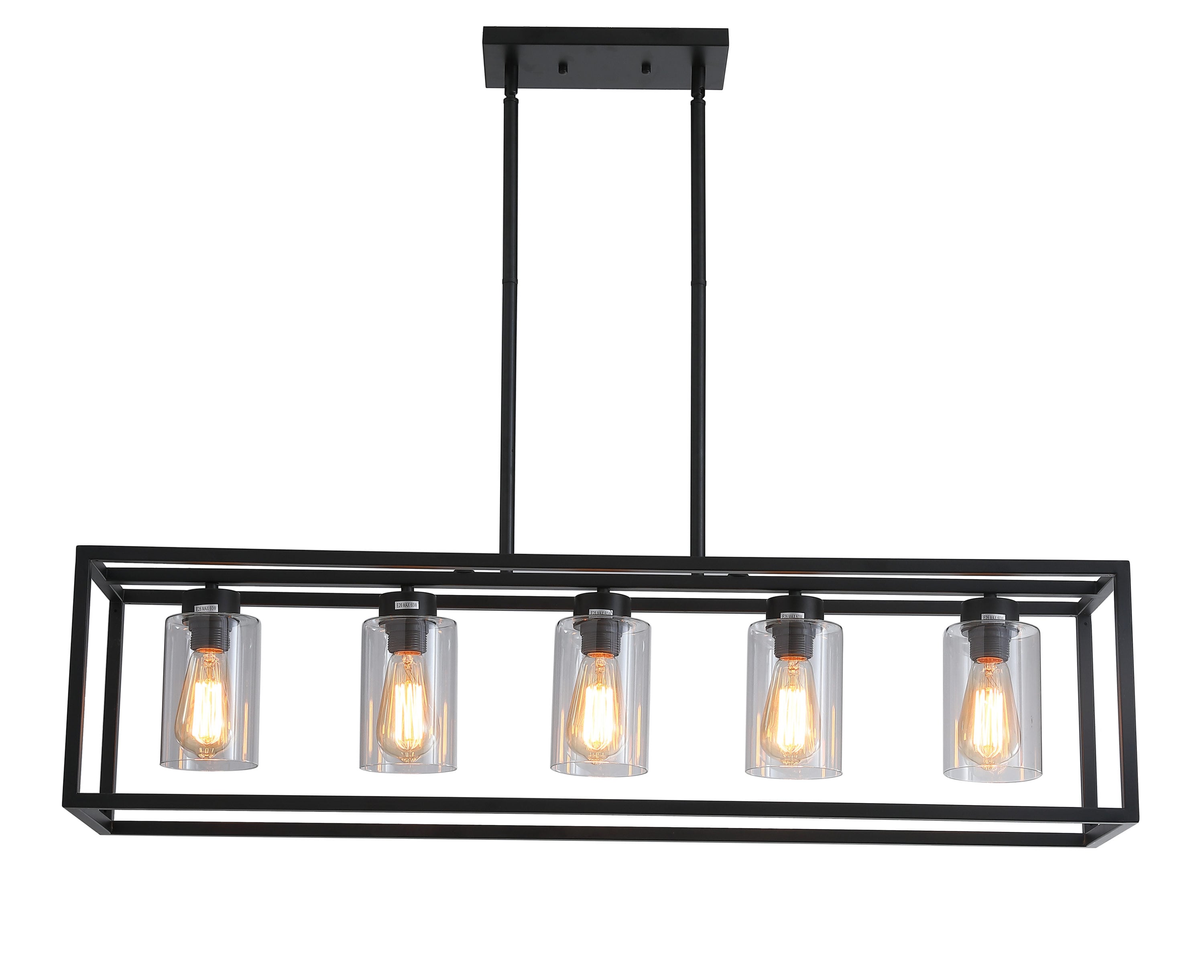VINLUZ 1 Light Farmhouse Pendant Lighting Black Wood Accents Rustic Square Chandelier with Clear Glass Shade Contemporary Modern Kitchen Island Lights Fixtures Ceiling Hanging Dining Room Hallway