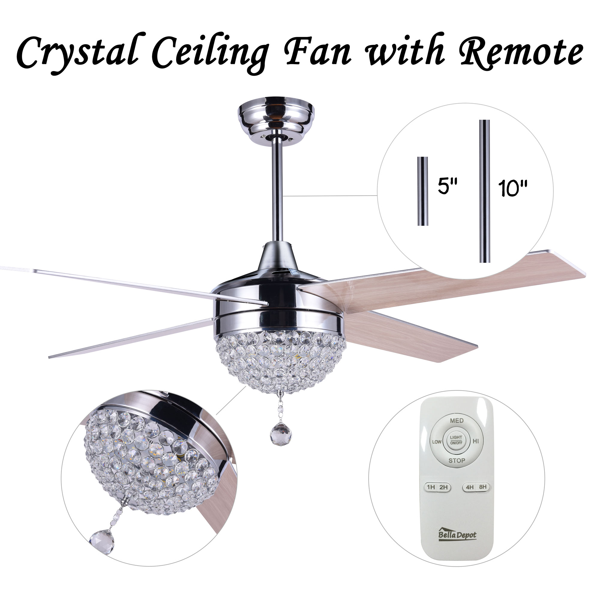 42/48/52" Ceiling Fan Lamp Stainless Steel 5Blades Remote Control 3Light Change 