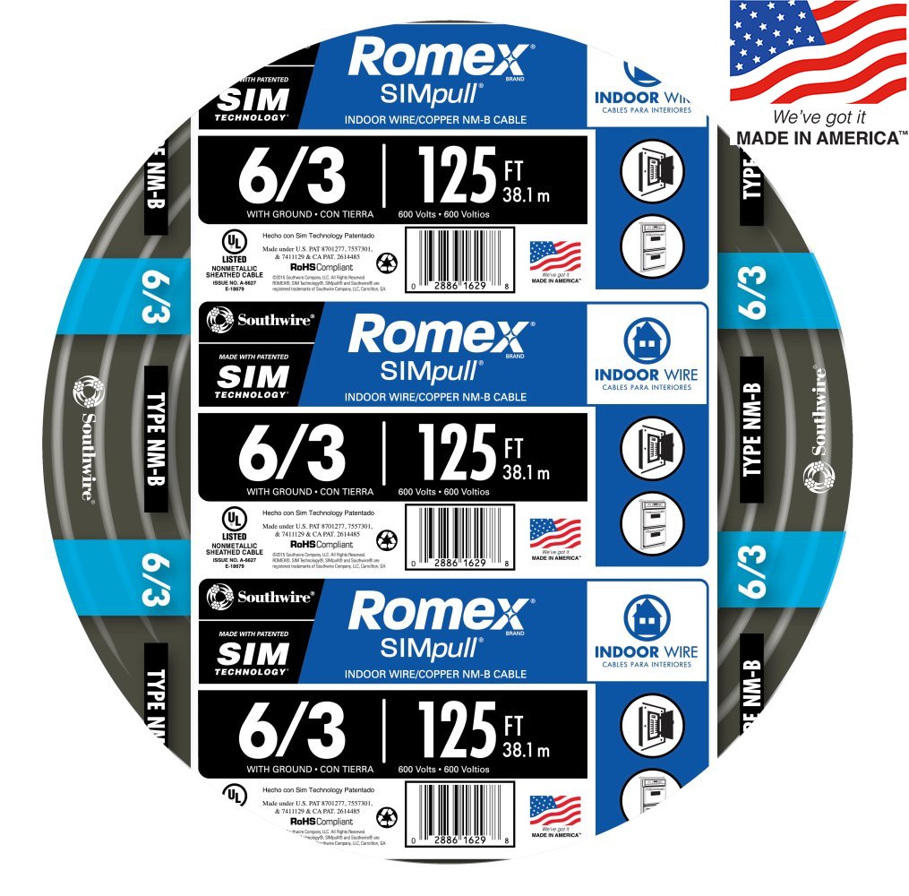 6//3 Stranded Romex SIMpull Black Southwire Residential Electrical Wire 15 ft