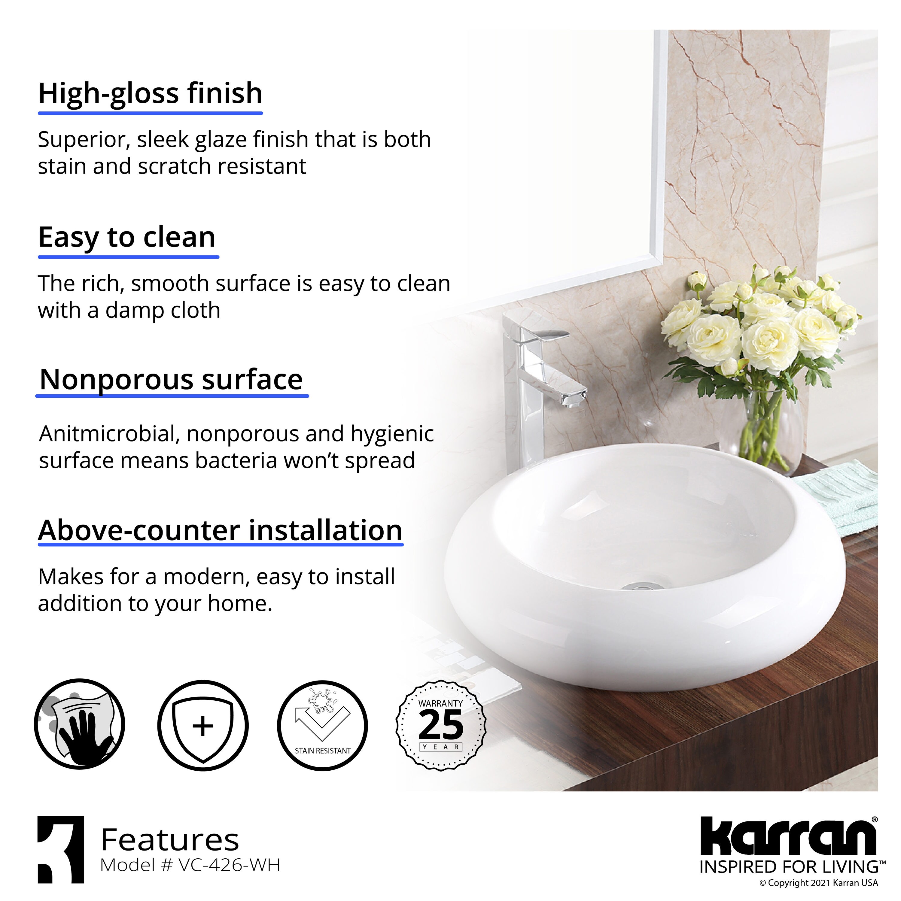 Karran Valera White/Glossy Vessel Round Modern Bathroom Sink (19.5-in x 19.5-in)
