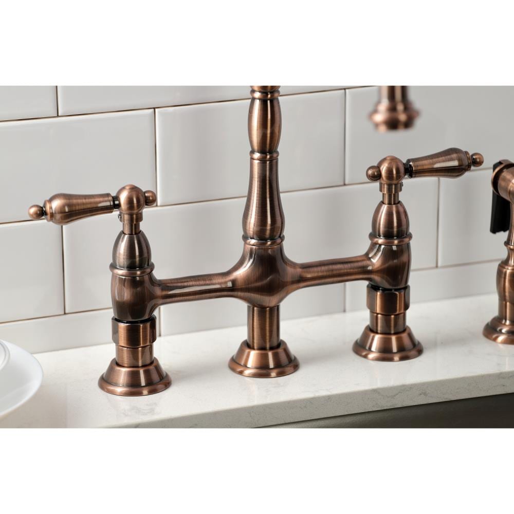 Kingston Brass Heritage Antique Copper 2-Handle Deck-Mount Bridge Handle  Kitchen Faucet