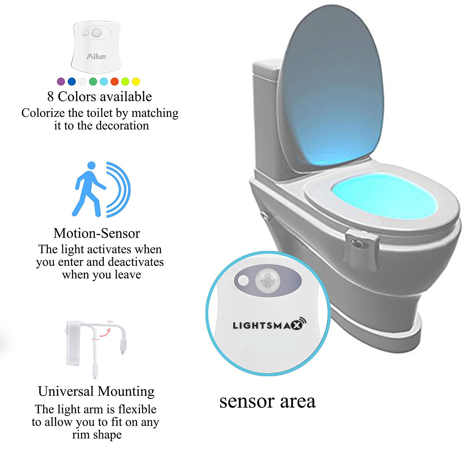 LED Toilet Bowl Light Motion Night Lamp Activated Bendable Arm 8 Color Security 