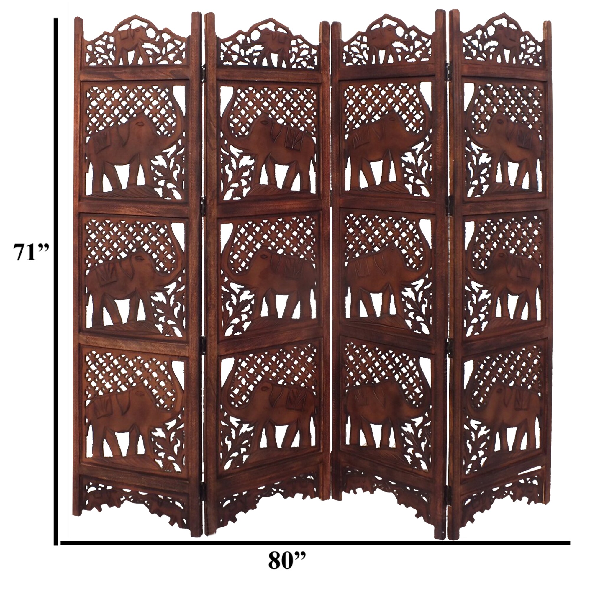 Dark Brown 4 P Leather & Wood Screen Room Divider w/ Tan Diamond Shape Accents 
