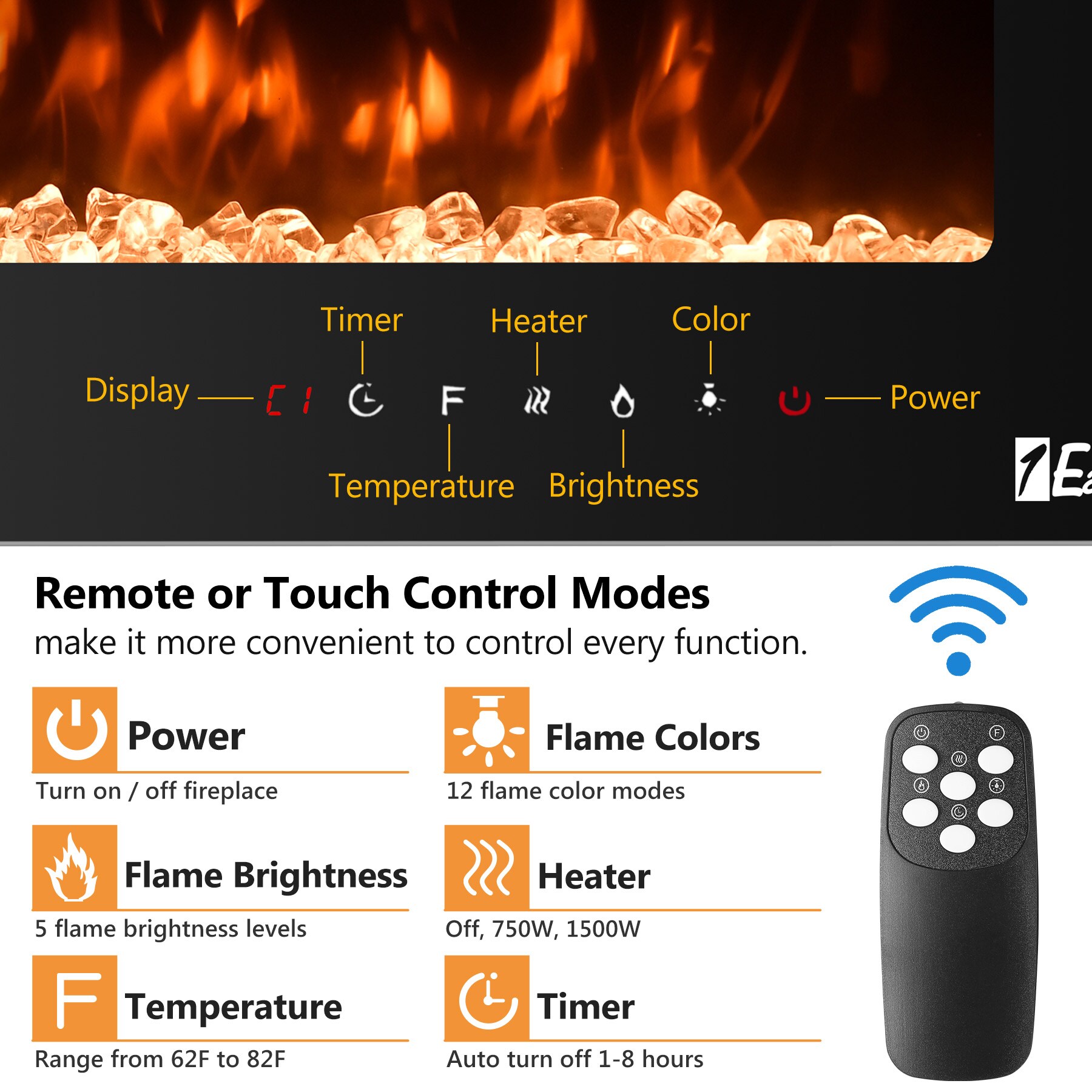 40" Electric Fireplace Recess Insert Wall Mount Heater 3D Flame Log Touch Screen 40" Electric Fireplace Recess Insert Wall Mount Heater 3D Flame Log Touch Screen