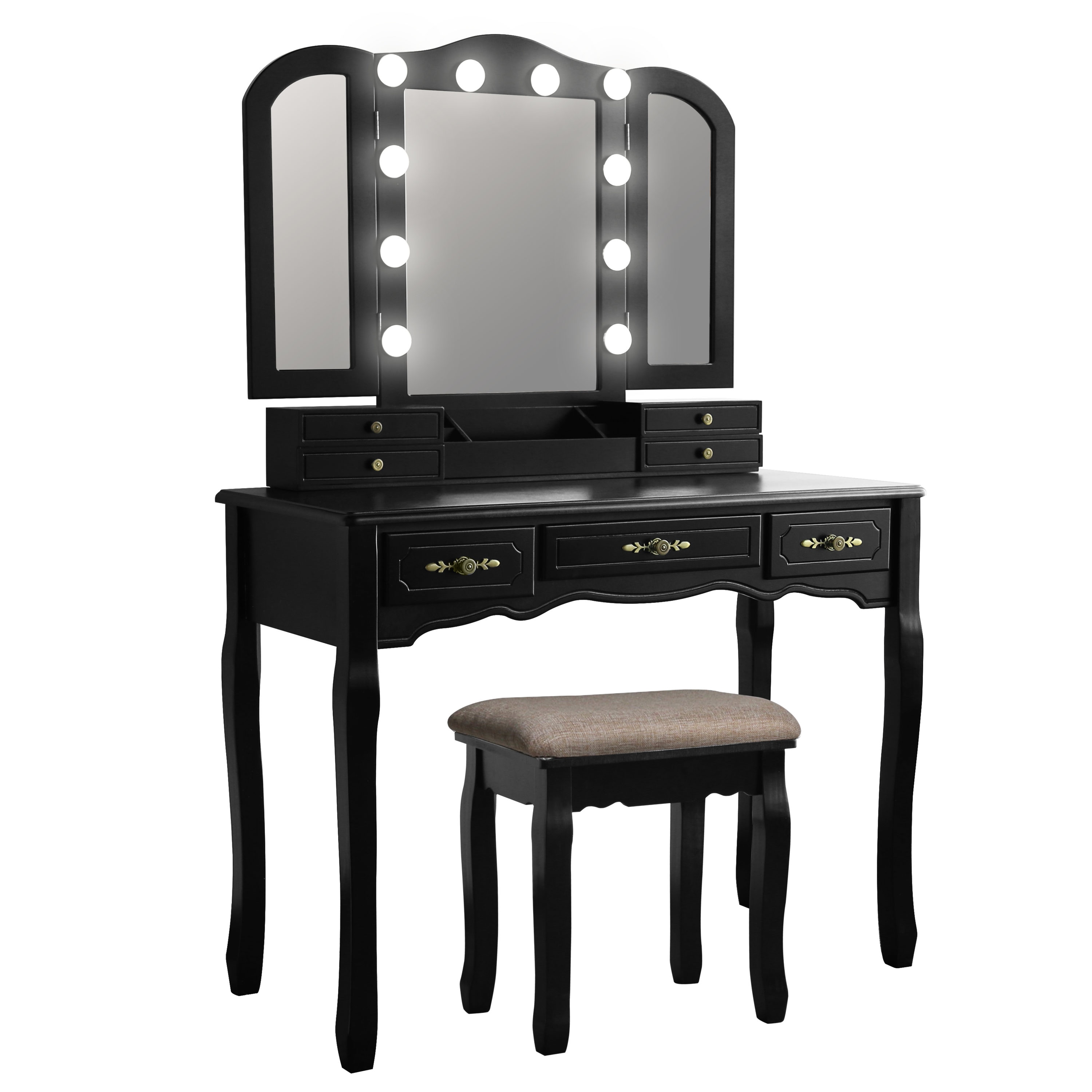 Vanity Makeup Dressing Table Set Folding Mirror Desk Dresser W/Stool Wood Black 