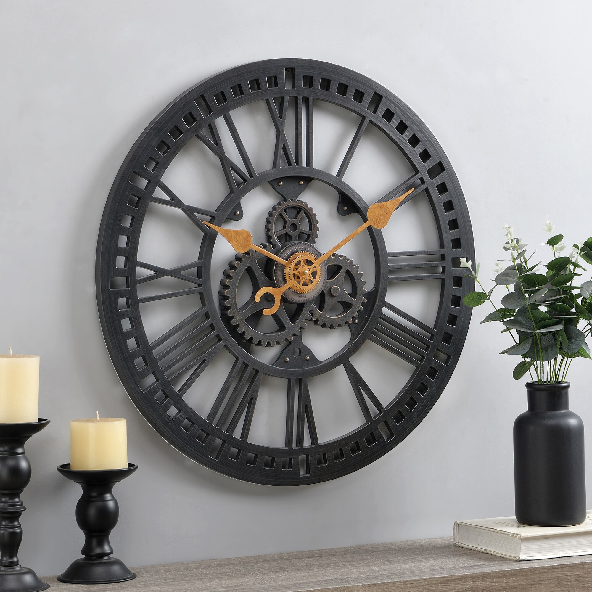 Details about   Gears 16" Large Brushed Oil Rubbed Bronze/Black Wall Round Wall Clock Quartz 