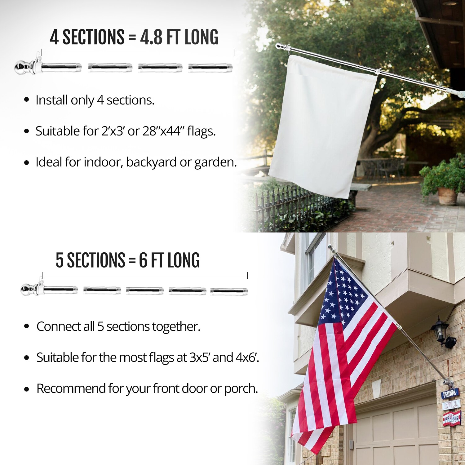 8ft Aluminum Banner Residential Indoor Flag Pole Gold Eagle Base 3x5 USA Sleeve 