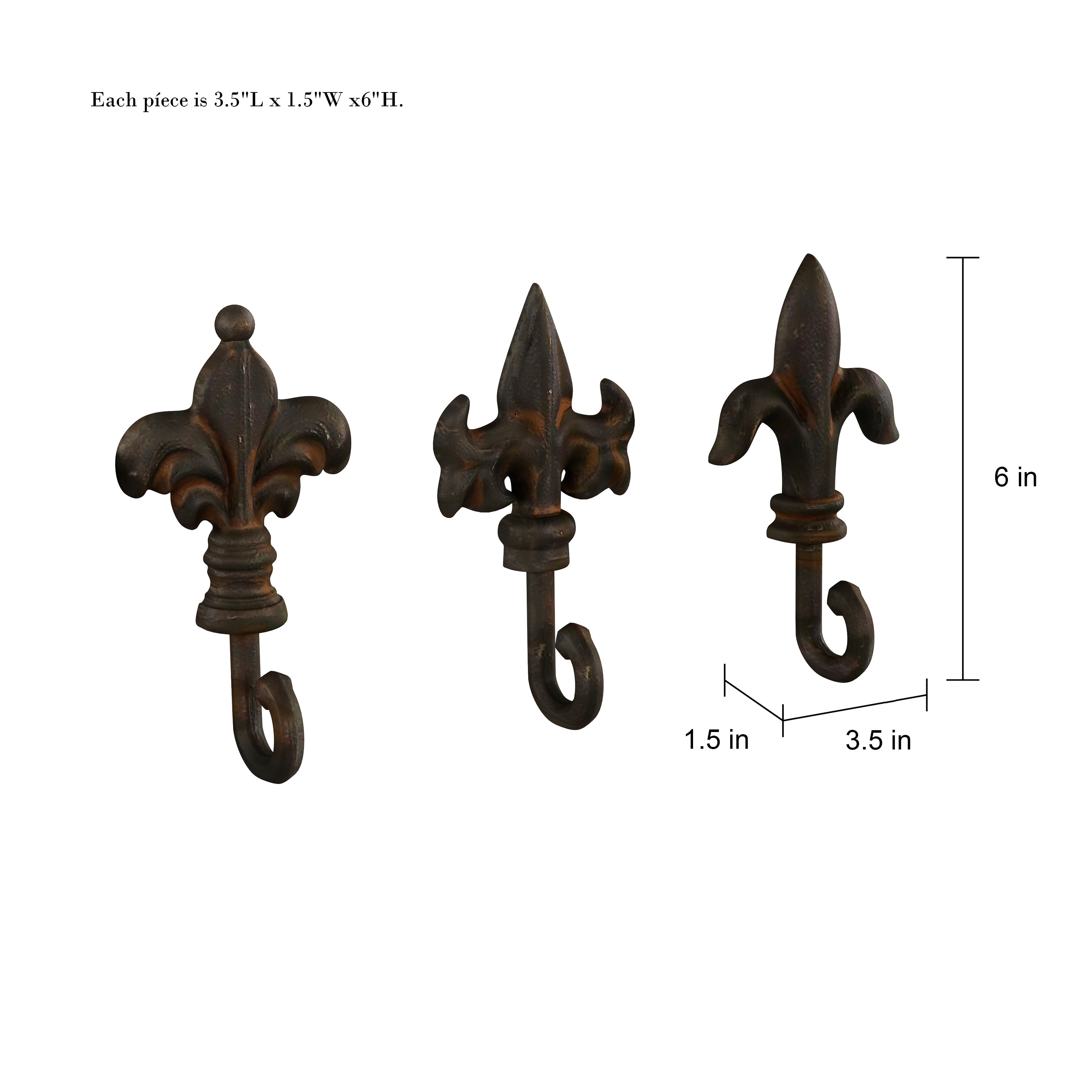 3 1/2" tall by 2 5/8" wide 01554 Set of 3 Cast Iron Fleur De Lis Double Hooks 